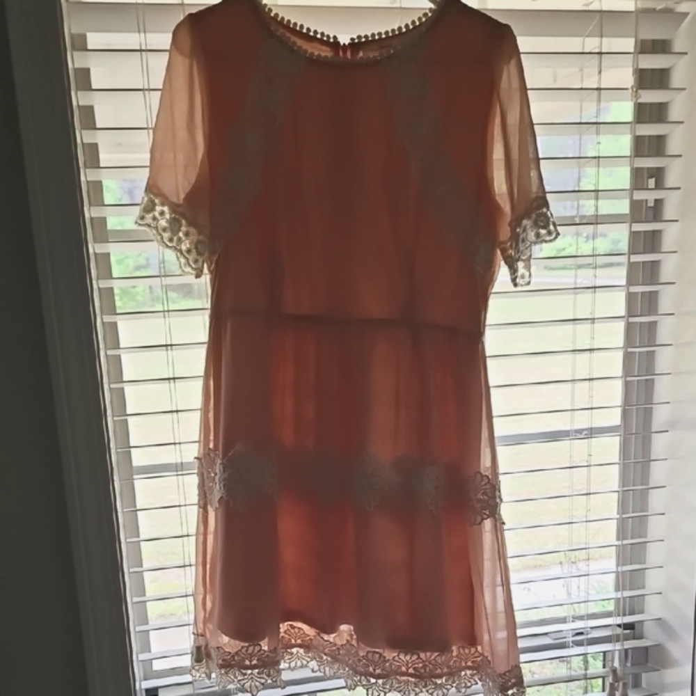 Sheer Peach Dress with Lace Accents